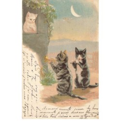 CHATS -MK41541 CHATS MUSICIENS FLUTE TROMPETTE CROISSANT DE LUNE MOON