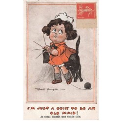 CHATS -MK41523 FILLETTE QUI TRICOTTE CHAT NOIR PAR ILLUSTRATEUR