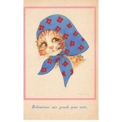 CHATS -MK41532 CHAT BOHEMIENNE AUX GRANDS YEUX VERTS ILLUSTRATEUR M B.COOPER