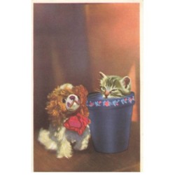 CHATS -MK41526 UN CHAT DANS UN POT DE FLEUR PELUCHE CHIEN