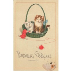 CHATS -MK41488 HEUREUSES PAQUES CHATS PANIER AIGUILLE A TRICOTER