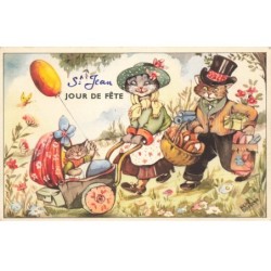CHATS -MK43596 JOUR DE FETE CHATS HUMANISES CHAPEAUX POUSSETTE