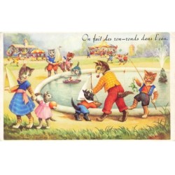 CHATS -MK41555 FETE FORRAINE CHATS HUMANISERS JOUETS BATEAUX CANNE A PECHE GRENOUILLE