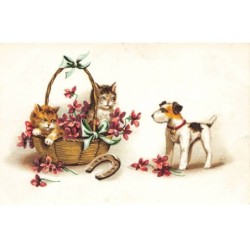 CHATS -MK41569 CHATS DANS UN PANIER DE FLEURS ET UN CHIEN FER A CHEVAL