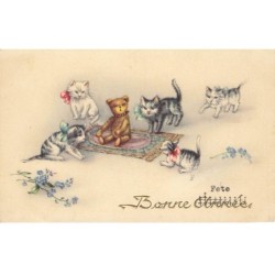 CHATS -MK41539 BONNE FETE CHATS PELUCHE OURSON TAPIS FLEURS MYOSOTIS