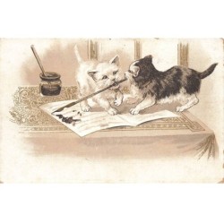 CHATS -MK41547 CHATS NOIR ET BLANC STYLO A PLUME ENCRE SUR UNE FEUILLE