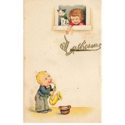 CHATS -MK39996 STE CATHERINE CHAT ET FILLETTE A LA FENETRE PETIT GARCON SAXOPHONE CHAPEAU