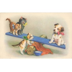 CHATS -MK41516 CHATS ET UN CHIEN BALANCOIRE BOL DE LAIT