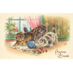 CHATS -MK41534 BONNE ANNEE CHATS POT DE FLEURS RENVERSE