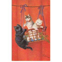 CHATS -MK39992 TROIS CHATS GRIS  BLANC ET NOIR DANS UN PANIER A LINGE PAR ILLUSTRATEUR A.STONE