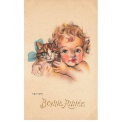 CHATS -MK39995 BONNE ANNEE UN BEBE ET UN CHAT NOEUD PAPILLON BLEU PAR ILLUSTRATEUR M.B.COOPER