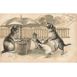 CHATS -MK41551 CHAT MARCHANDE DE BEIGNETS PARASOL PANIER DORURE