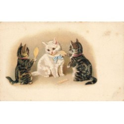 CHATS -MK41544 TROIS CHATS NOEUD PAPILLON BLEU CUILLERE EN BOIS
