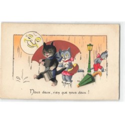CHATS -MK44941 CHATS HUMANISES CHAPEAU PARAPLUIE LUNE MOON CARTE SYSTEME AJOUTIS