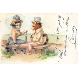 CHATS -MK41490 CHATS HUMANISES ASSIS SUR UN BANC VETEMENTS CHAPEAUX PARAPLUIE CANNE