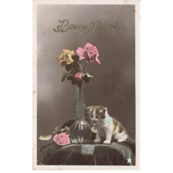 CHATS -MK46753 BONNE ANNEE CHATON VASE DE FLEURS