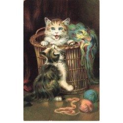 CHATS -MK43610 DEUX CHATS PANIER PELOTTE DE LAINE