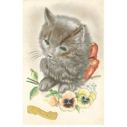 CHATS -MK39890 ST NICOLAS CHAT GRIS FLEURS PAR ILLUSTRATEUR BERNET