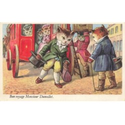 CHATS -MK40143 BON VOYAGE MONSIEUR DUMOLLET CHATS HUMANISER BOTTES CHAPEAU CANNE FIACRE CHEVAL