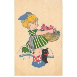 CHATS AG-MK845 FILLETTE AVEC PANIER DE FLEURS ET CHAT NOIR