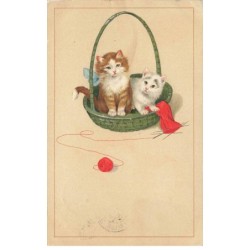CHATS -MK39787 DEUX CHATS PANIER PELOTTE LAINE