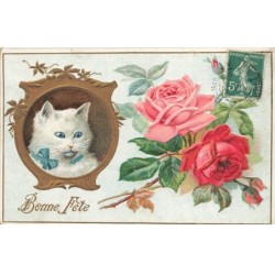 CHAT AI-DC958 CARTE BONNE FETE CHAT DANS UN MEDAILLON ET DES ROSES