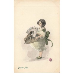 CHATS AC-MK960 BONNE FETE FILLETTE AVEC PANIER CHAT BOUQUET DE FLEURS PAR ILLUSTRATEUR VIENNE