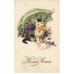 CHATS AL-AL00573 CHAT SOUS UN PARAPLUIE AVEC DU COURRIERS SOUHAITANT LA BONNE ANNEE