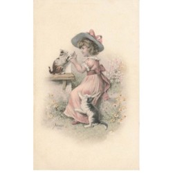 ANIMAUX  AO-AL000779  CHATONS JOUANT AVEC UNE PETITE FILLE DANS UN JARDIN PAR KANZLE