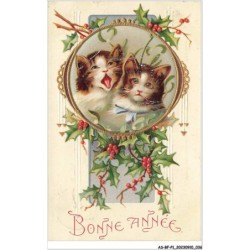 AS-BFP1-0019 - Animaux - Chat - Bonne année - Chats dans un médaillon entouré de gui