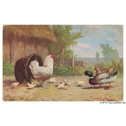 BY-BFP2-1020-OISEAU - UNE POULE AVEC SES POUSSINS ET DEUX CANARDS
