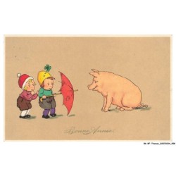 BK-BFP1-0481-ANIMAUX - Bonne annee - enfants - cochon - parapluie - trefle