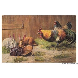 BY-BFP2-1021-OISEAU - UN COQ - UNE POULE ET DEUX LAPINS
