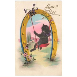 CHAT FG-62202 PAR ILLUSTRATEUR MGA  711 CHAT NOIR SUR UNE BALANCOIRE BONNE FETE
