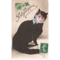CHAT -FG62356 FEMME ET CORPS DE CHAT PHOTOMONTAGE PORTE BONHEUR TREFLE