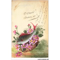 AV-BFP2-0803 - ANIMAUX - Poisson dans un panier rempli de fleurs - 1er avril - Carte fait main