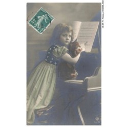 CD-BFP1-1035-CHAT - Fillette et chat jouant au pianos