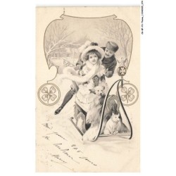 CG-BFP3-1140-ANIMAUX - Un cochons en luge - Un homme - Une fille TRAINEAU ART NOUVEAU
