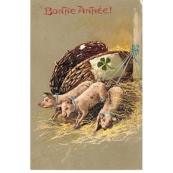 COCHON -FG50633 VOEUX BONNE ANNEE TROIS PORCELETS SORTANT D UN PANIER TREFLE GAUFREE