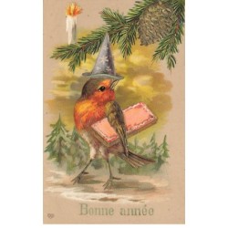 OISEAUX -MK46803 BONNE ANNEE ROUGE GORGE CHAPEAU LIVRE