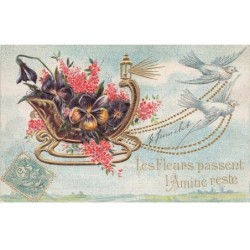 ANIMAUX -SAN47197 LES FLEURS PASSENT L AMITIE RESTE COLOMBES TIRANT UN TRAINEAU