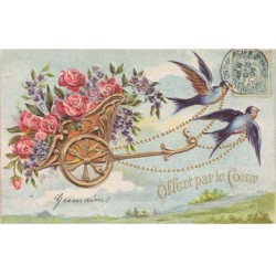 ANIMAUX -SAN47200 OISEAUX TIRANT UN TRAINEAU REMPLI DE FLEURS OFFERT PAR LE COEUR