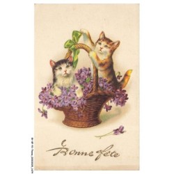 BY-BFP2-1123-CHAT - BONNE FETE - CHATONS ET FLEURS DANS UN PANIER