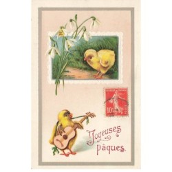 ANIMAUX -SAN47220 OISEAUX POUSSIN QUI JOUE DE LA GUITARE FLEURS
