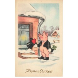 COCHONS -MK43551 BONNE ANNEE COCHON CHAPEAU TREFLES COEUR