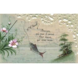 POISSONS -MK41579 1ER AVRIL POISSON CANNE A PECHE CELLULOID FAIT MAIN
