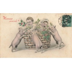 COCHON -FG38003 TROIS COCHONS ET DEUX BEBES DANS UN PANIER DE GUY HEUREUSE ANNEE TYPE M.M. VIENNE