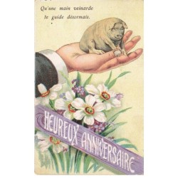 COCHON -FG38002 UN COCHON MINIATURE TIENS DANS UNE MAIN VEINARDE HEUREUX ANNIVERSAIRE