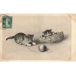 CHATS -MK39807 DEUX CHATONS JEUX PELOTTE DE LAINE PANIER