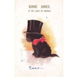 CHAT NOIR -FG35022 CAT BLACK KATZEN BONNE ANNEE ET 365 JOURS DE BONHEUR HAUT DE FORME CHAT FUMEUR
